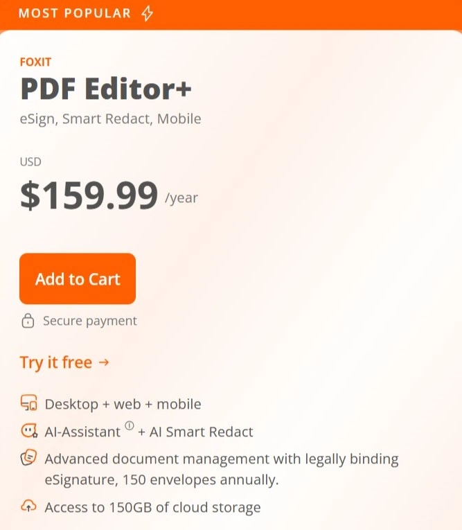 Foxit PDF Editor+ Pricing